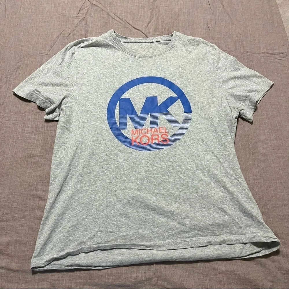 Michael Kors Circle Logo Short Sleeve Tee Heather Grey Size Large Blue Orange MK